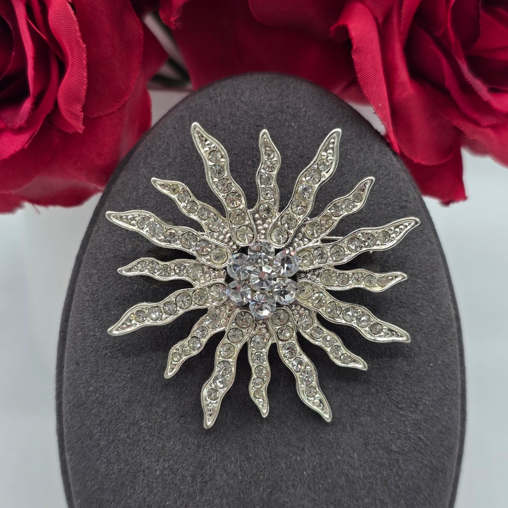 Silver Tone Clear Rhinestone Sunburst Celestial Star Brooch Pin Mid Century Glam